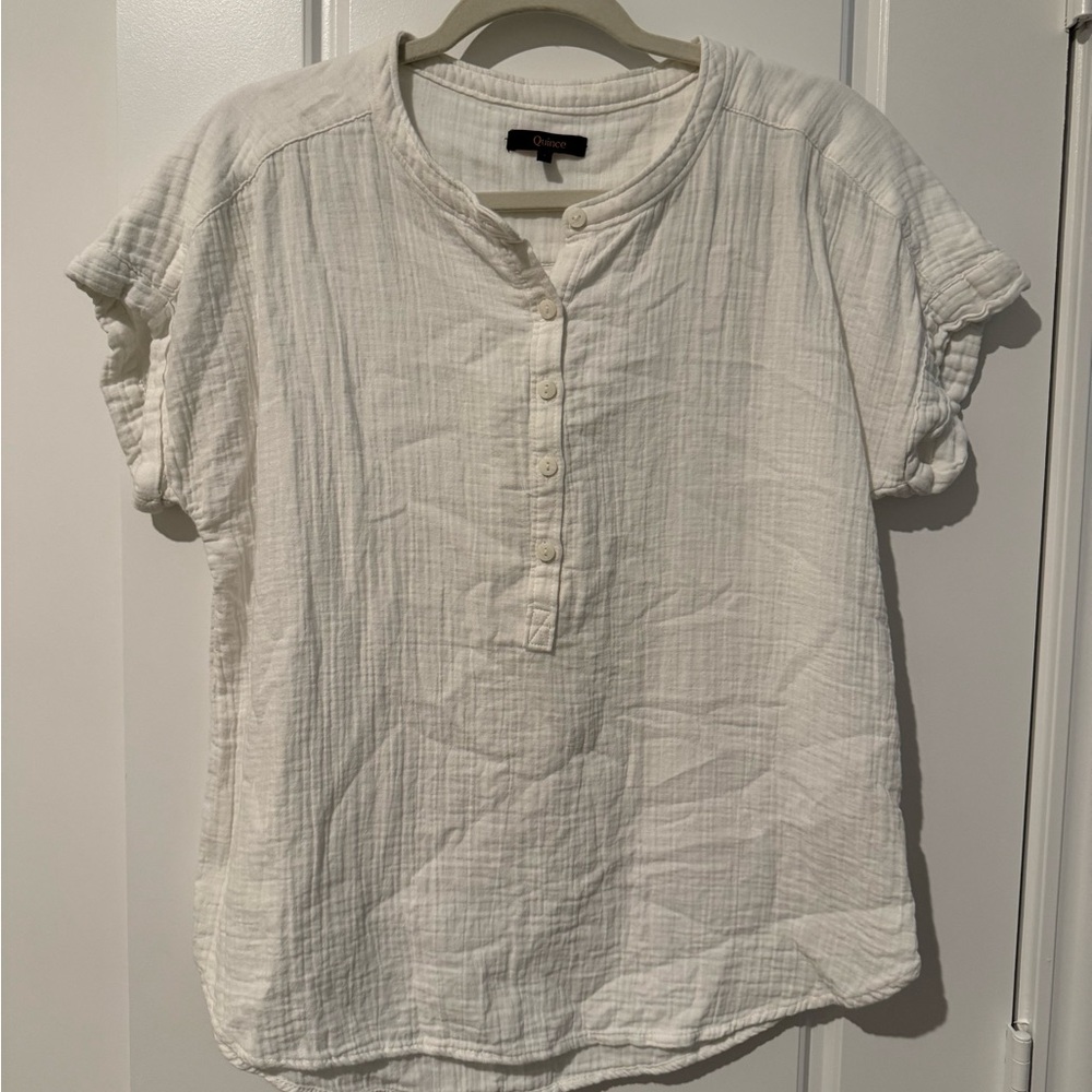 Quince White Short-Sleeve Cotton Gauze Blouse